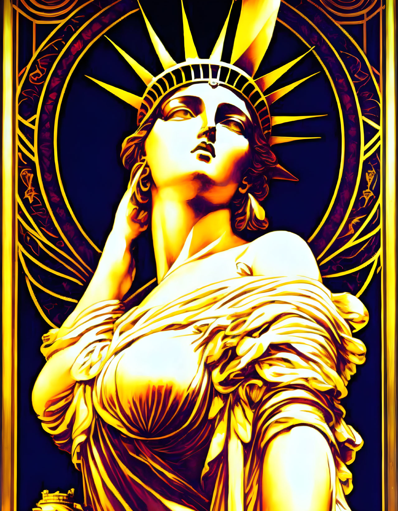 Vibrant yellow and blue Statue of Liberty art with face, crown, and torch