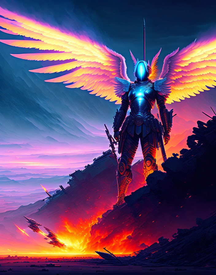 Armored figure with luminescent wings in futuristic sunset scene.