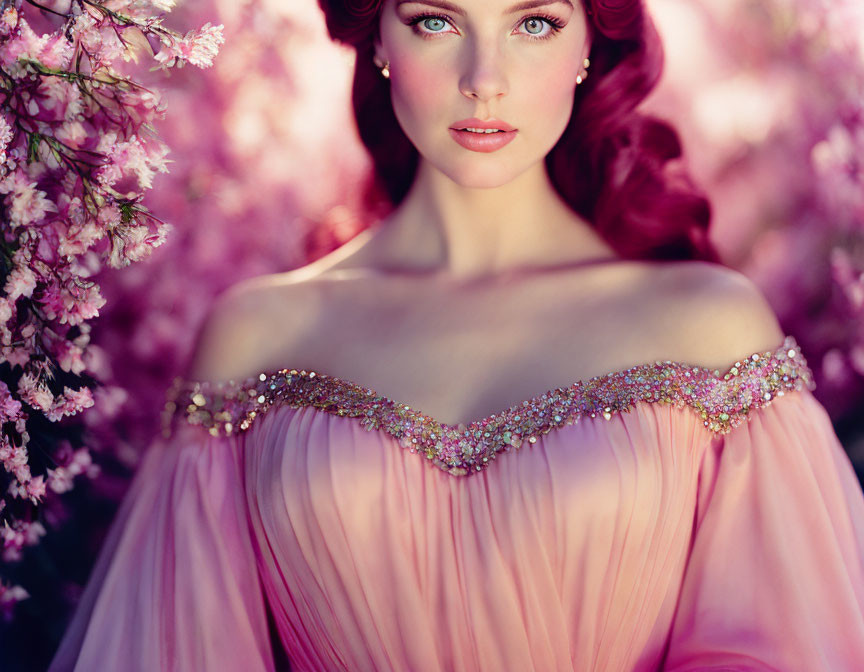 Woman with Blue Eyes and Red Hair in Pink Dress Among Pink Blossoms