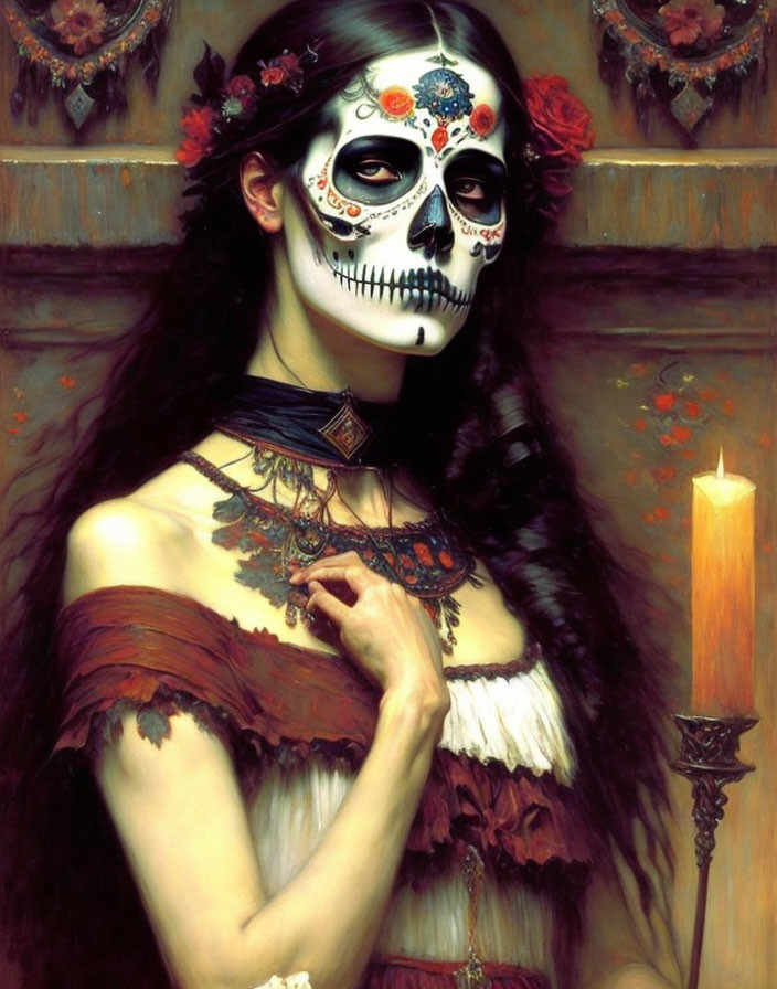 Dark-haired woman in skull face paint and rustic attire with candle - eerie and mysterious look.