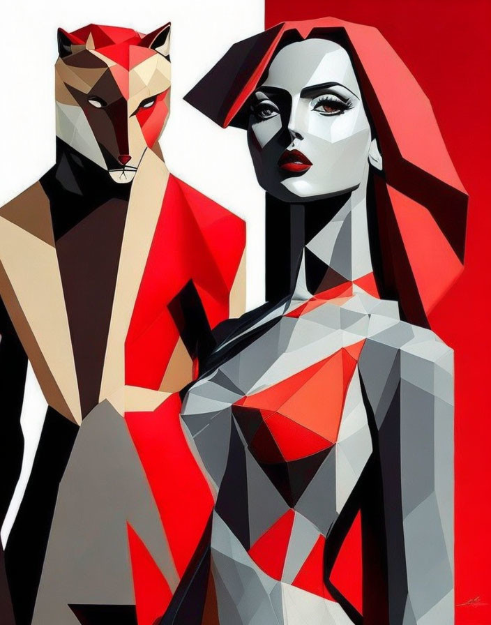 Geometric art with female figure and red fox in stylized design