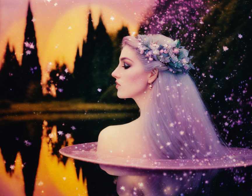 Woman in floral crown and veil against mystical sunset backdrop with trees and reflective water.