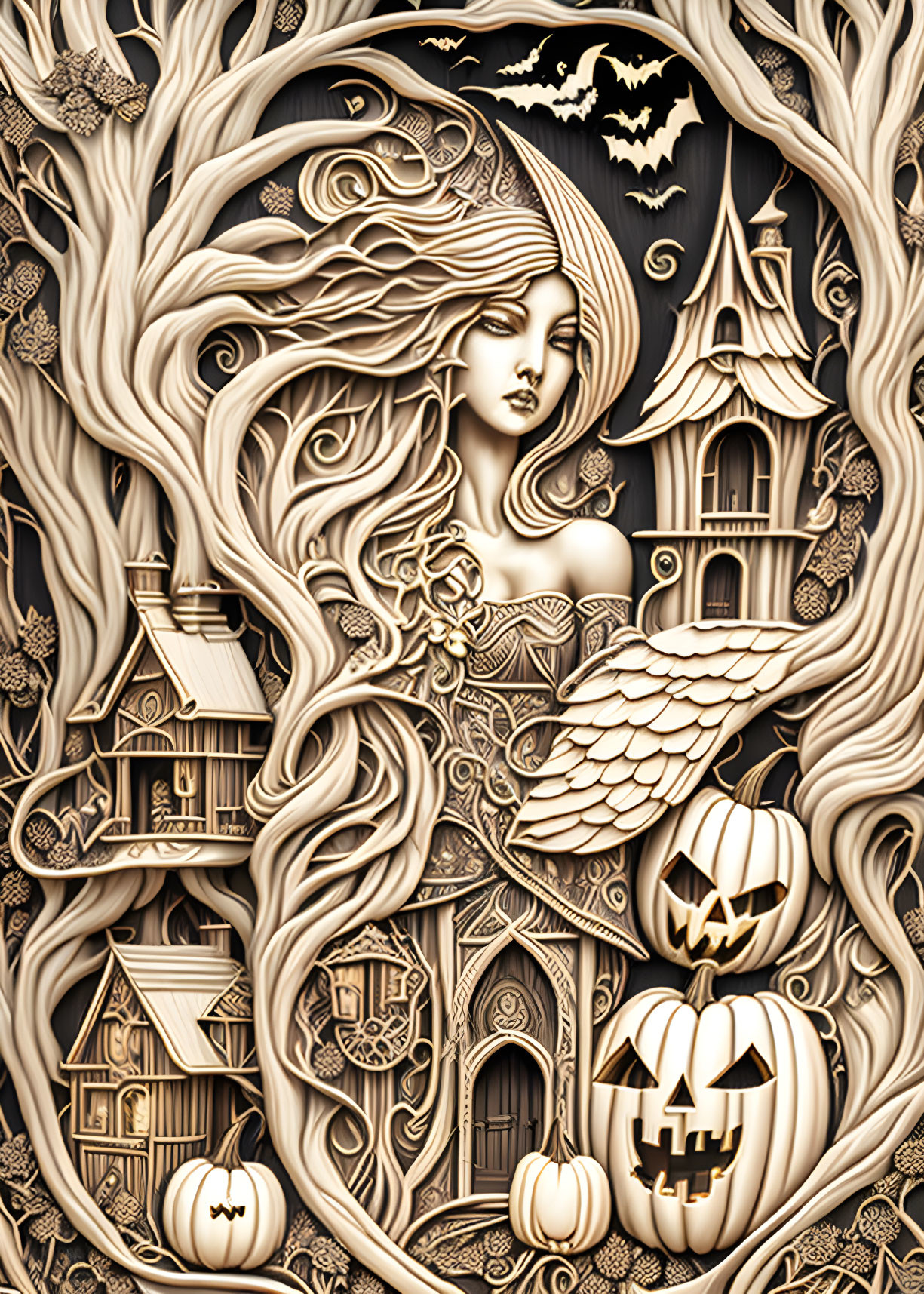 Detailed Halloween-themed angelic figure with haunted house and pumpkins