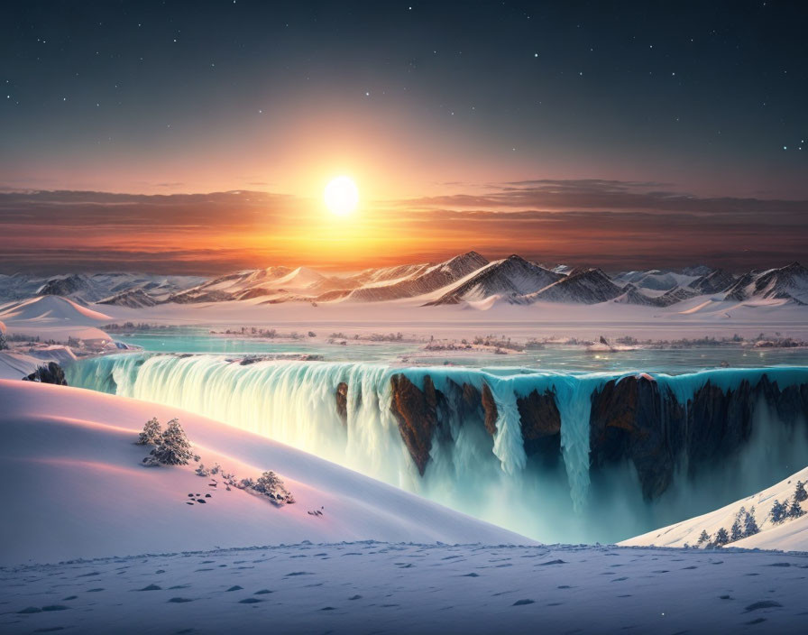 Snow-covered valley at sunrise with waterfall, mountains, starry sky