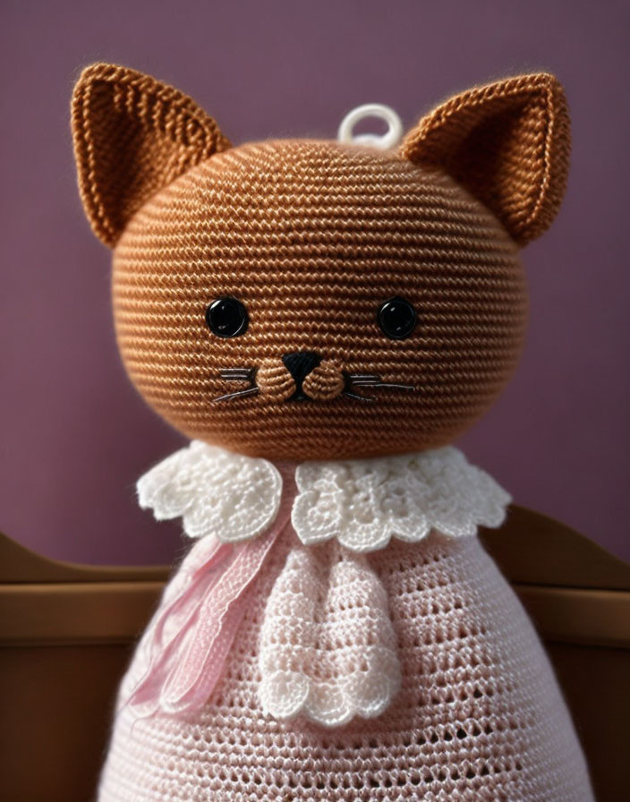 Knitted brown cat doll with pointy ears and black facial features in a white collar and pink bow