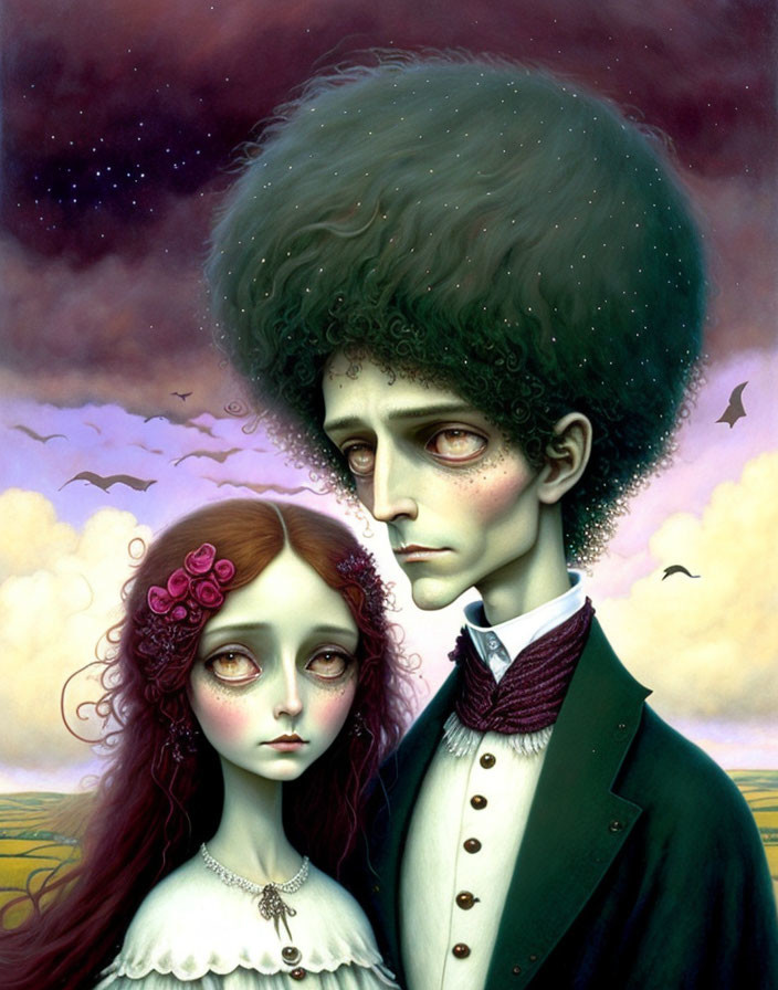 Gothic couple painting with oversized heads and surreal landscape