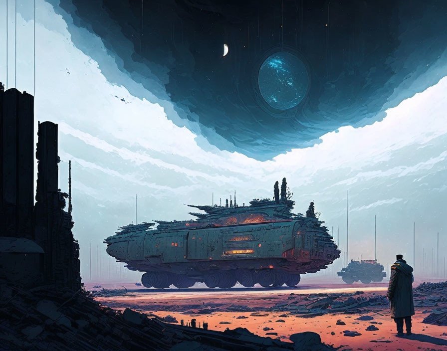 Futuristic scene of hovering ships over barren landscape