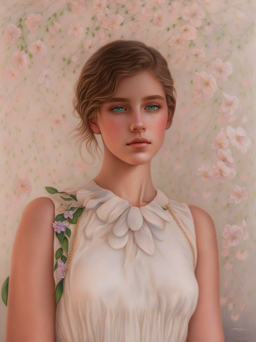 Digital portrait of young woman with wavy hair and green eyes in white dress among pink blossoms