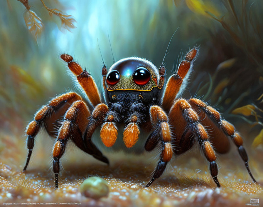 Detailed jumping spider illustration with shiny eyes and hairy legs on soft background.