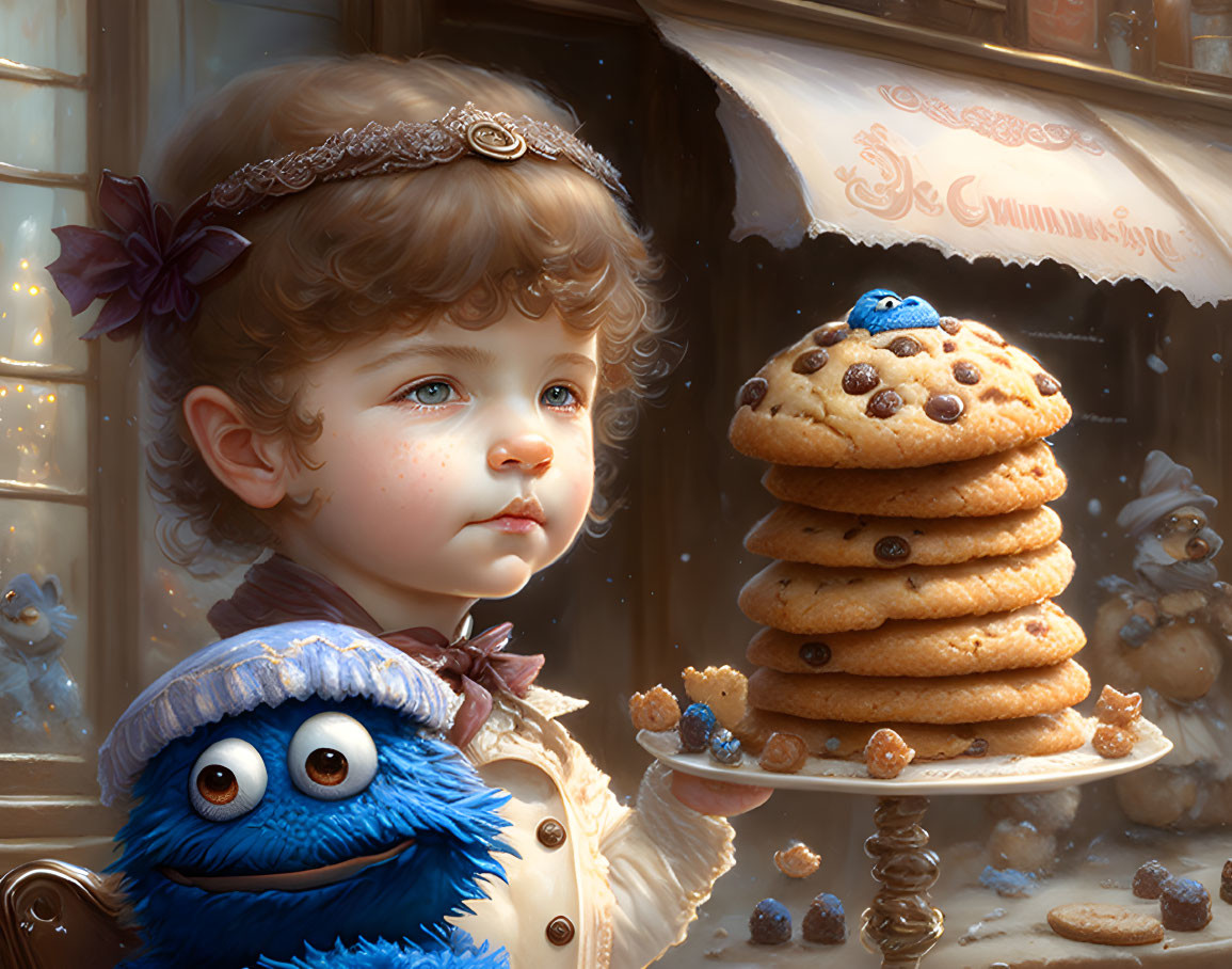 Child with wide eyes and tiara gazes at cookies with plush blue creature.