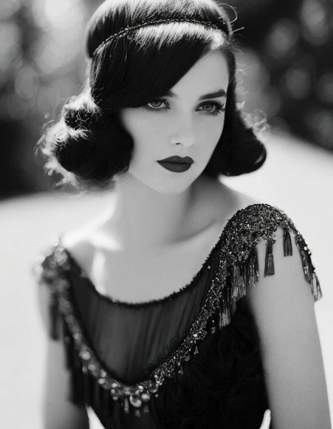 Monochrome portrait of woman with vintage makeup and hairstyle