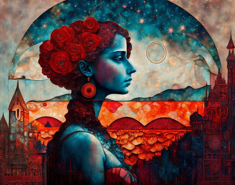 Stylized portrait of woman with red floral hair against celestial backdrop