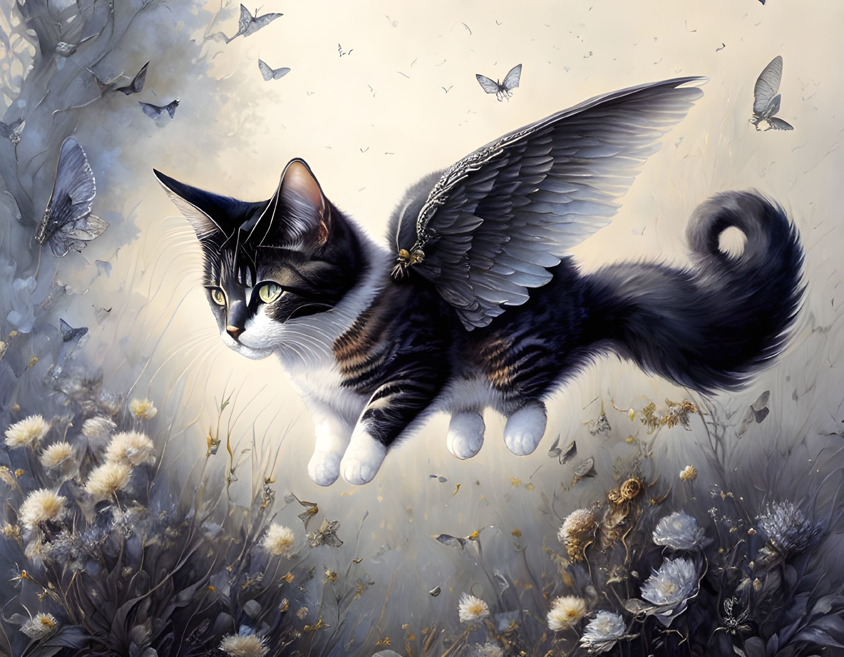 Winged black and white fur cat flying with dandelions and butterflies