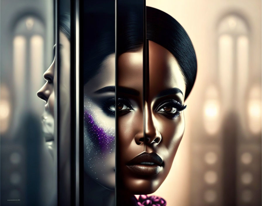 Digital artwork: African woman's face split into three panels