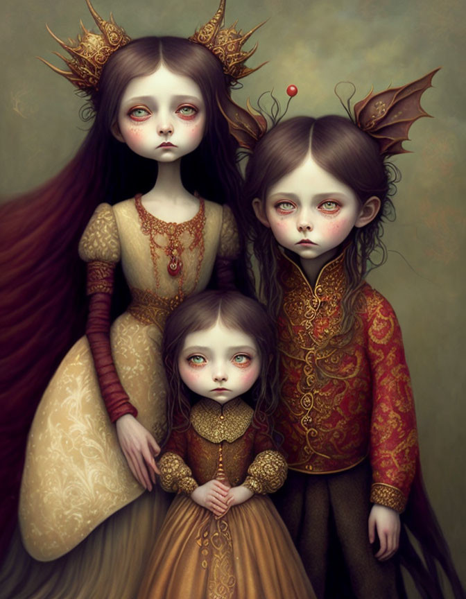 Pale whimsical figures in dark fantasy attire with large eyes stand together.