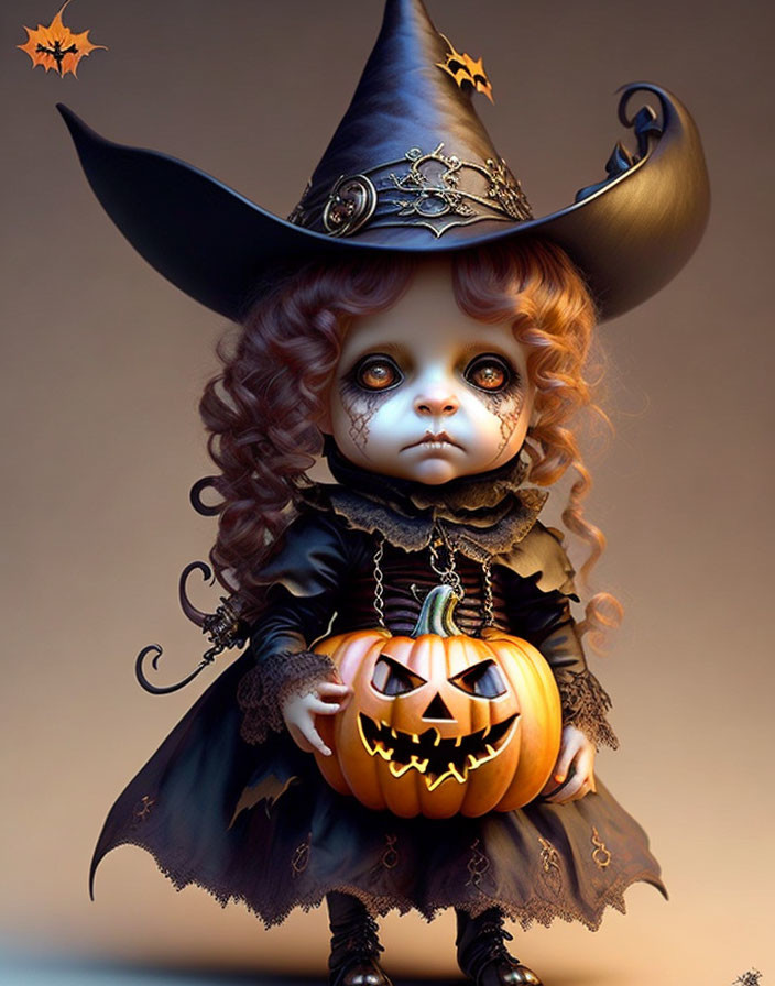 Digital artwork: Doll with captivating eyes, witch costume, jack-o'-lantern.