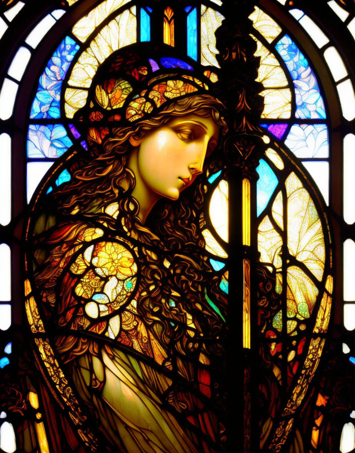 Stained Glass Portrait of Woman with Flowing Hair and Leafy Crown