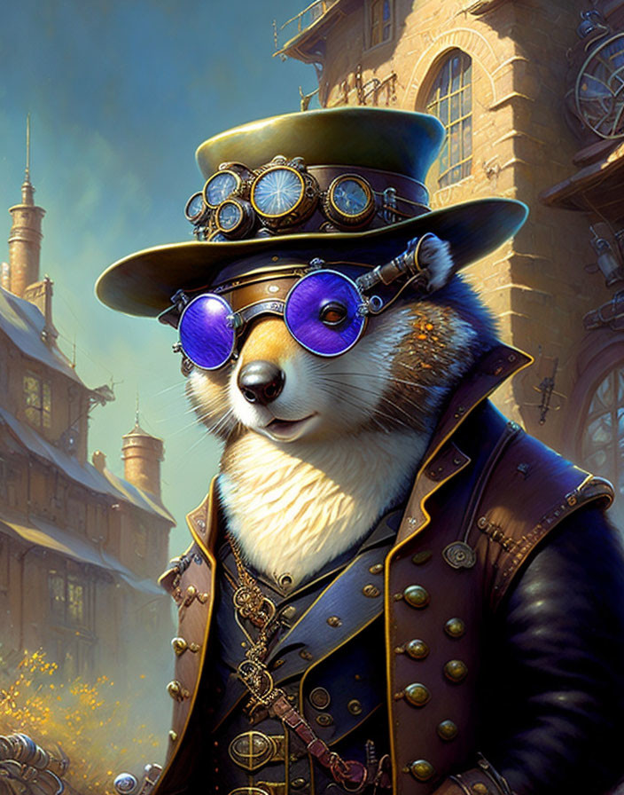 Steampunk-style anthropomorphic badger in top hat and goggles against old-town backdrop.