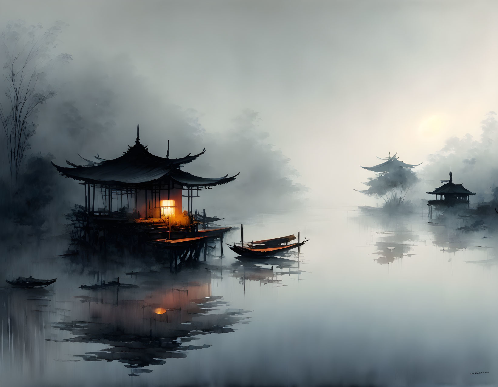 Misty Asian landscape with traditional architecture, lantern, boats, and hazy morning sky