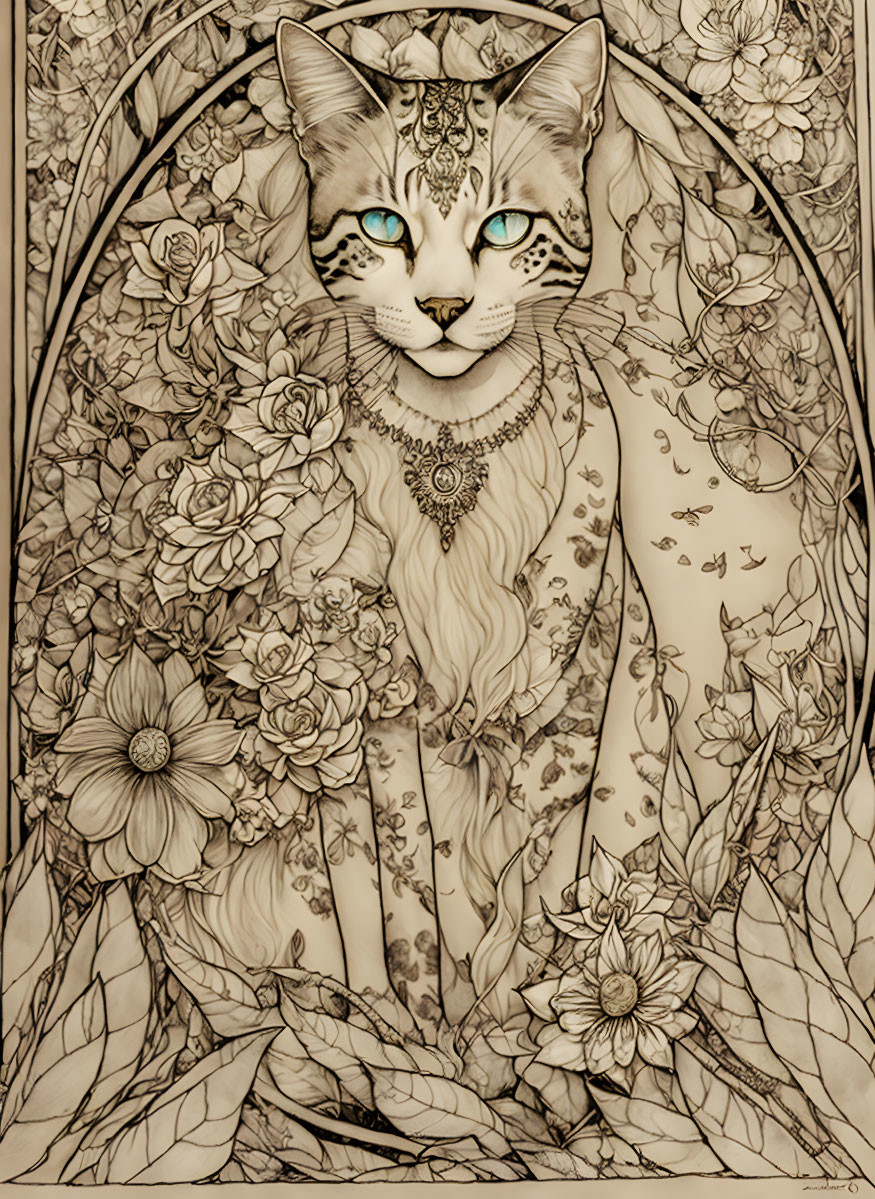 Blue-eyed anthropomorphic cat with necklace in floral arch setting