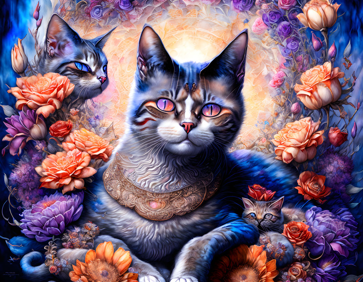 Vivid Hyper-Realistic Cats Surrounded by Colorful Flowers