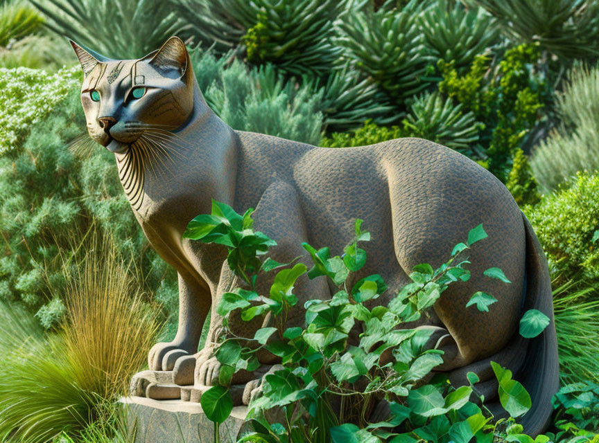 Intricately patterned large cat statue in lush garden