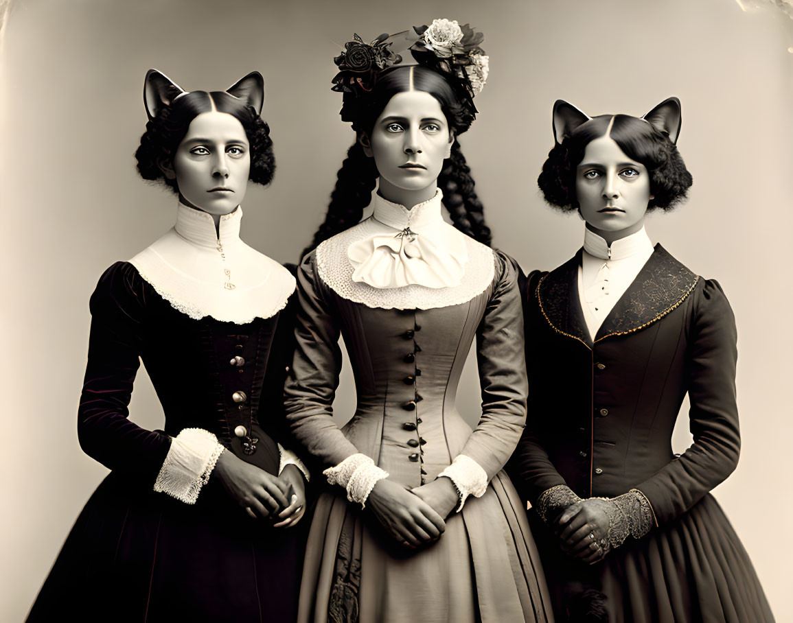 Vintage Attire: Three Women with Cat Ears and Solemn Expressions