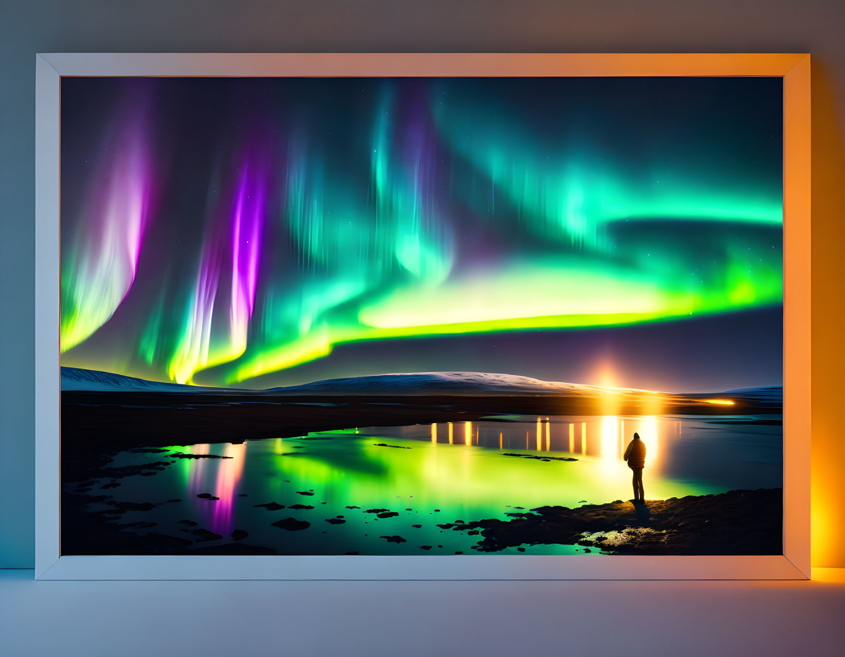 Northern Lights over calm water with lone figure at shore