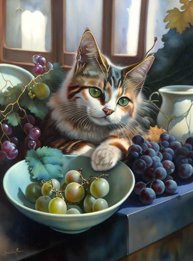 Realistic cat illustration with green eyes next to bowl of grapes