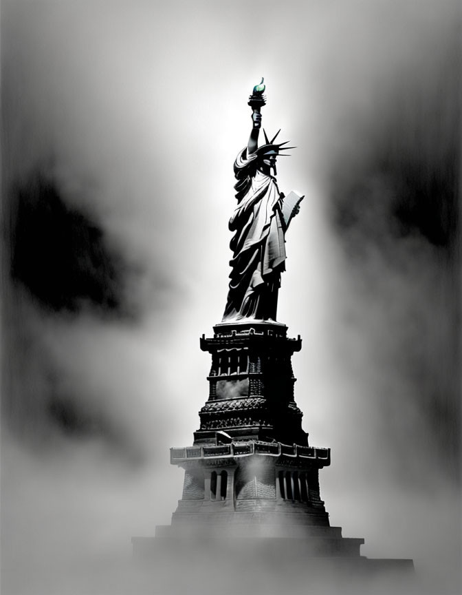 Statue of Liberty silhouette against cloudy sky in monochrome.