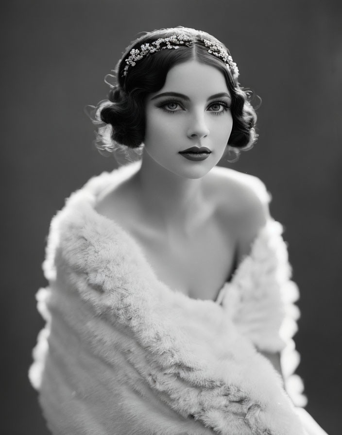 1920s flapper style black and white portrait of a woman