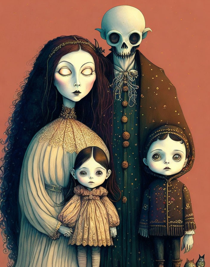 Gothic-style family illustration with mystical color palette