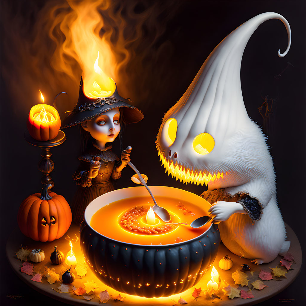 Whimsical Halloween Illustration with Ghost and Witch