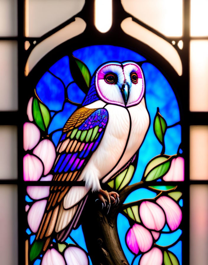 Colorful Stained Glass Window with Owl and Blossoms on Branch