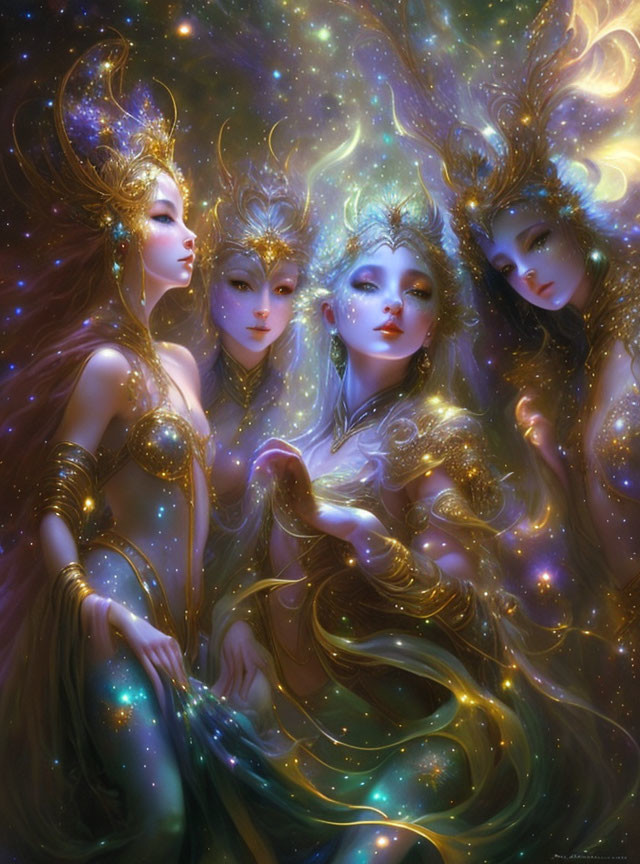 Ethereal female figures with ornate headpieces in luminous aura.