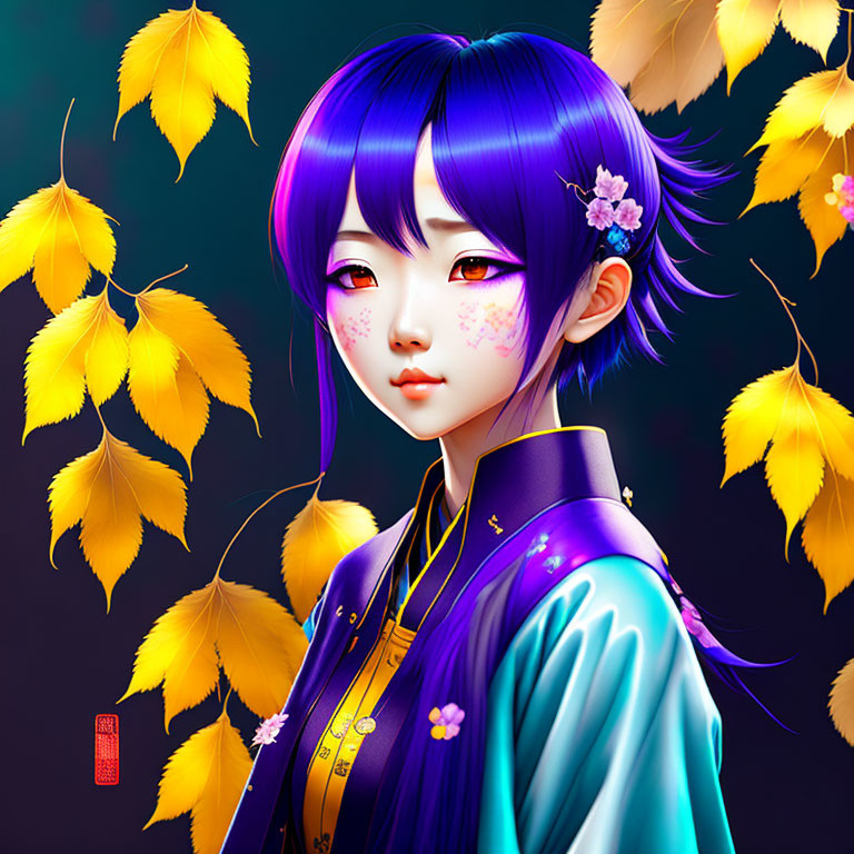 Character with Purple Hair and Violet Eyes in Blue and Purple Kimono with Flowers and Golden Leaves on Dark