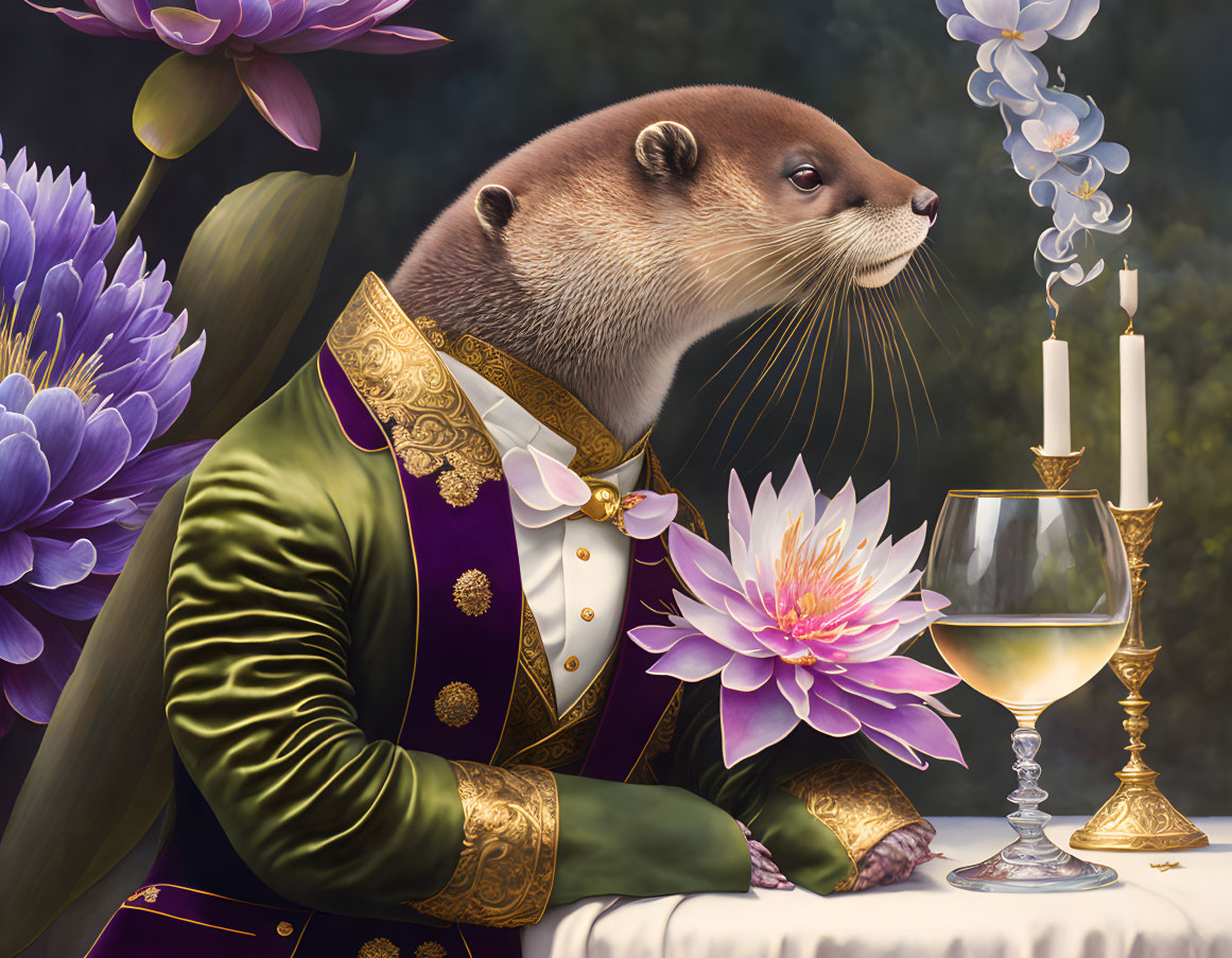 Elegant anthropomorphic otter in green and gold suit with wine, candlestick, and flowers