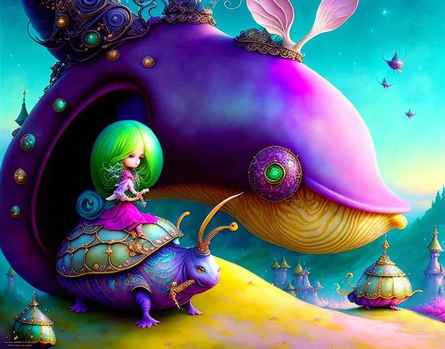 Fantasy illustration of character with green hair on snail with purple shell amid whimsical structures at twilight