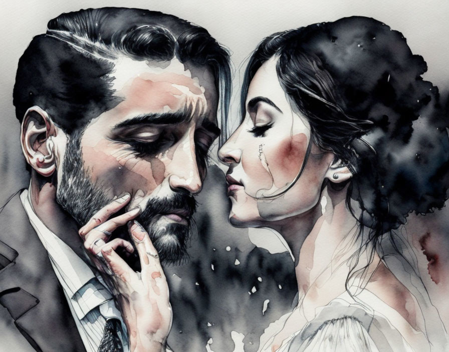 Intimate Watercolor Art: Bearded Man and Woman Sharing a Tender Moment