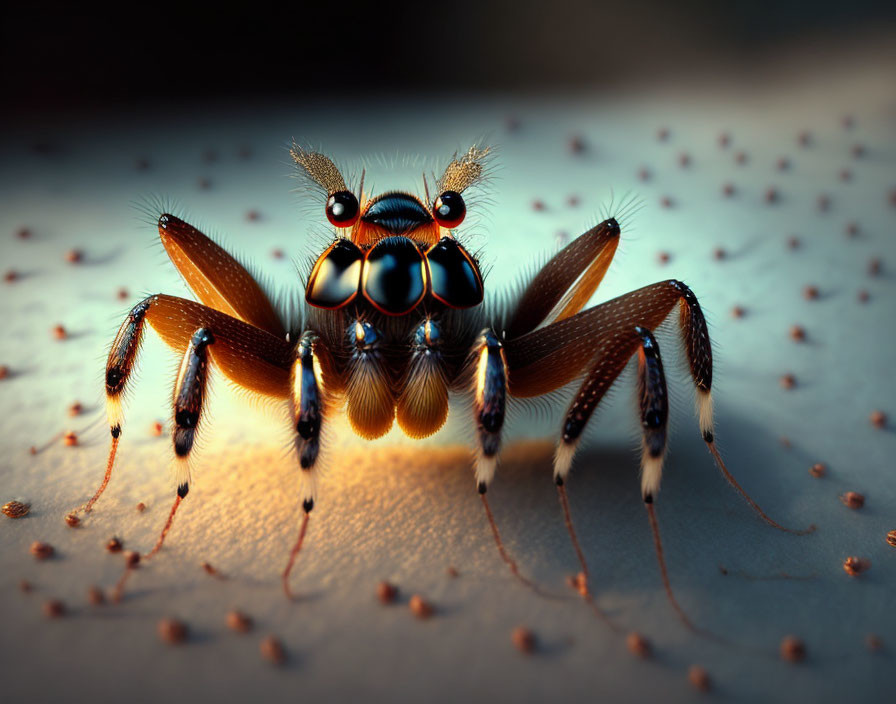 Colorful iridescent spider with shining eyes and fine leg hairs in macro shot