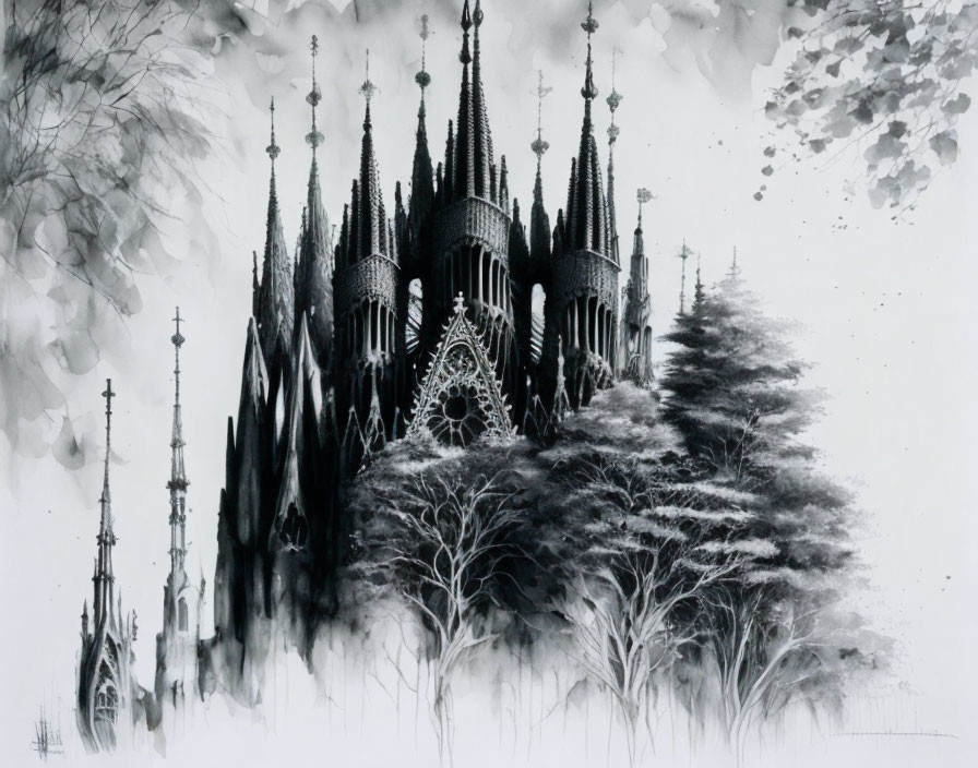 Detailed Monochrome Gothic Cathedral Artwork with Intricate Spires