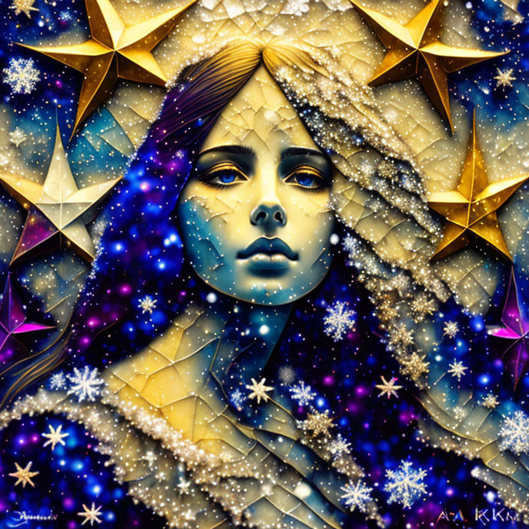 Mystical woman's face with golden stars on blue background