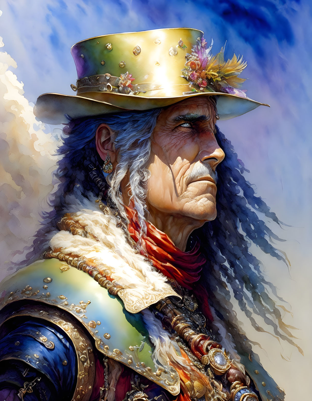 Illustration of older man in decorated hat and blue jacket with golden trim