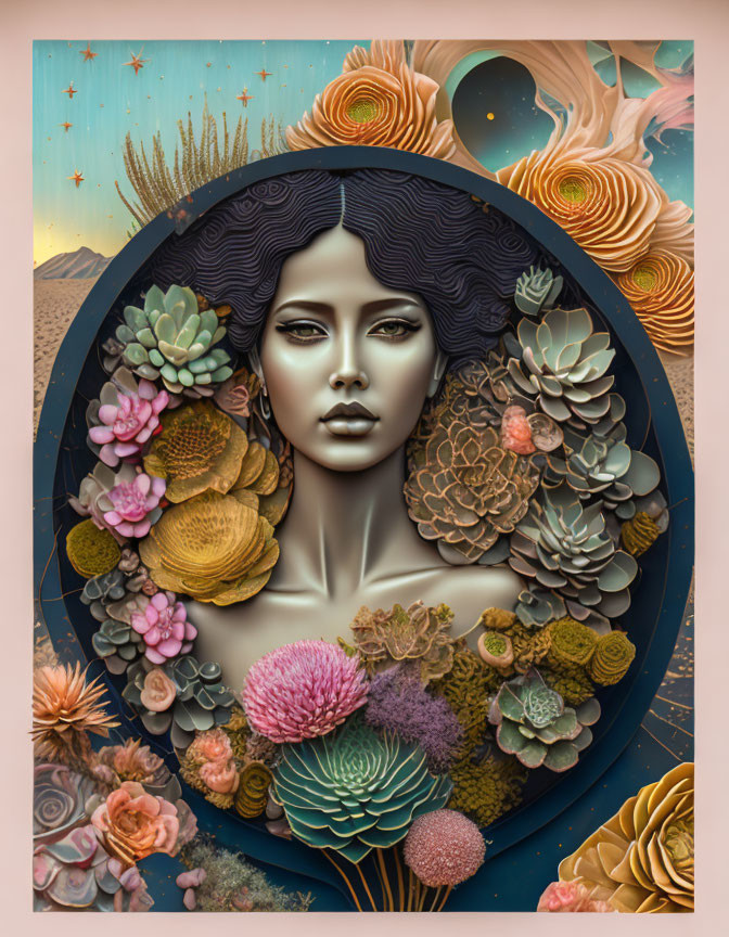 Surreal artwork: Woman's face in vibrant flora oval, swirling galaxies background