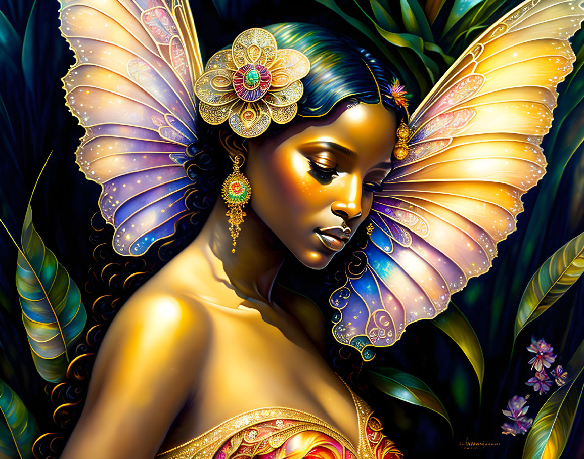 Colorful Woman with Butterfly Wings in Lush Floral Setting