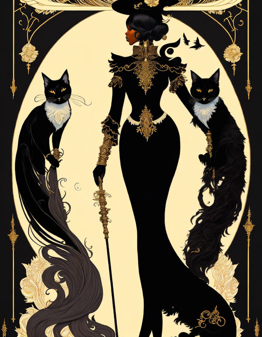 Woman in black gown with gold designs, flanked by black cats in art nouveau setting