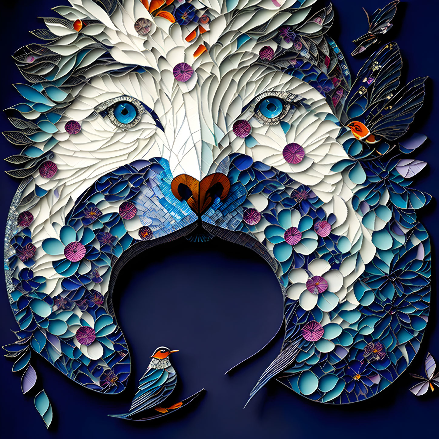 Stylized lion's head with floral patterns and blue eyes on dark background