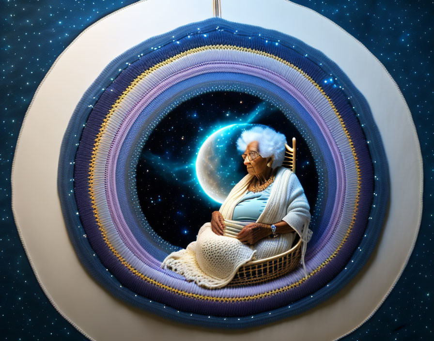 Elderly woman knitting in surreal cosmic setting