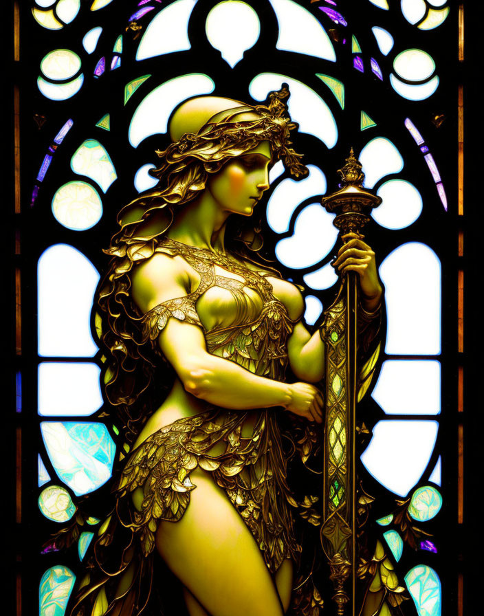 Warrior woman stained glass artwork with ornate armor and staff