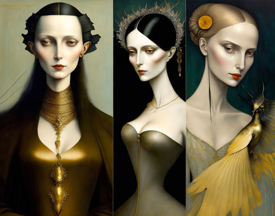 Stylized portraits of women with elongated necks and ornate headdresses